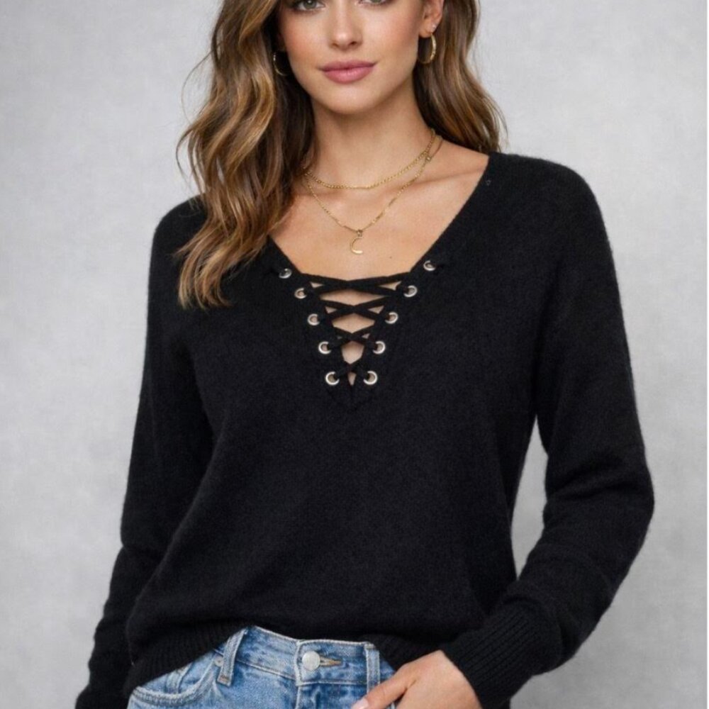 The Kooples Lace Up Front Black Wool Cashmere Blend Sweater size XS relaxed fit